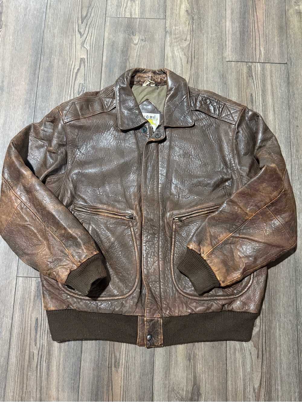Vintage Le Tigre Brown Leather Bomber Jacket Talon Zip Distressed Men’s 42 Rare